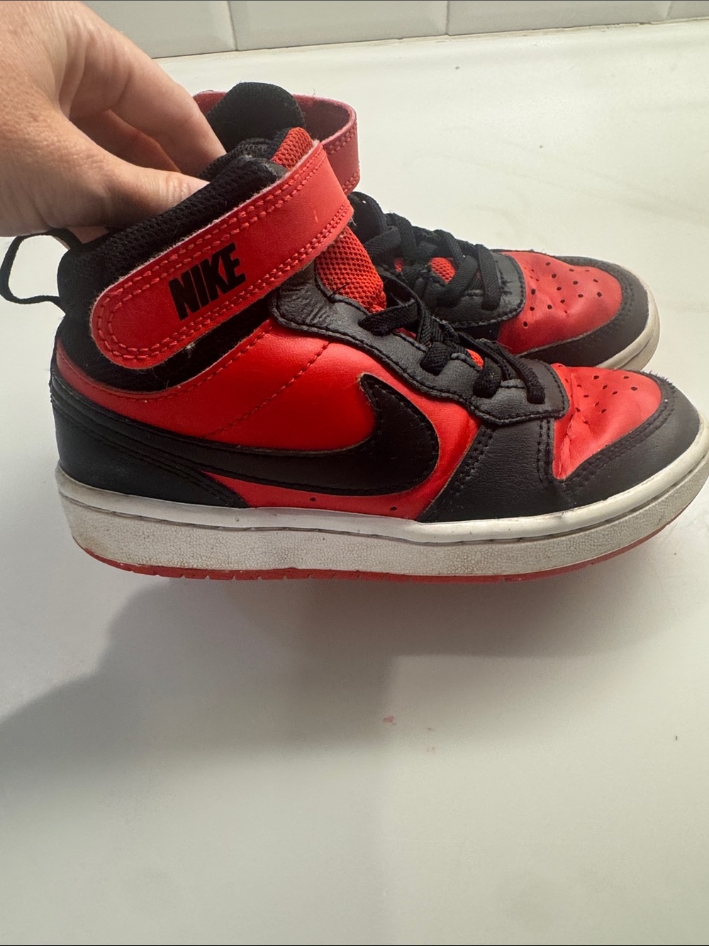 Nike Kids Red and Black High-Top Sneakers with Swoosh